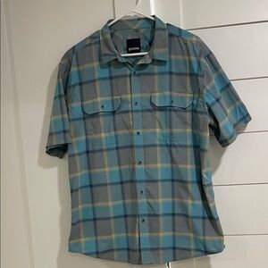 Prana Men's Gray and Blue Plaid Button Down Shirt